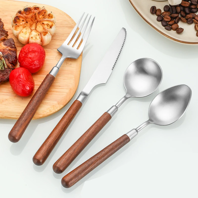 

4pcs Stainless Steel Walnut Tableware Kit Vintage Wooden Handle Knife Fork Spoon Beefsteak Western Food Dinnerware Kitchen Tools