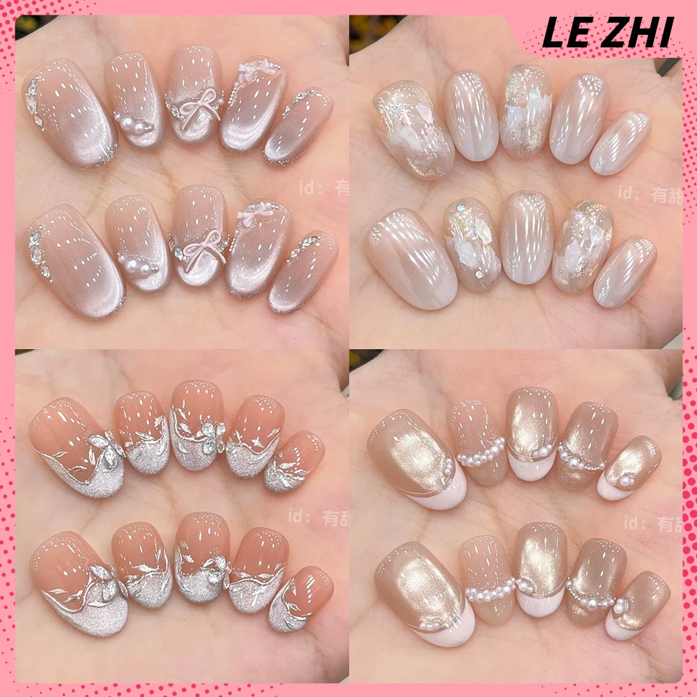 

Gentle French Shining Style Bare Pink Cat Eye Bowknot Diamond Nail Art Hand-Drawn Flower Apple Pearl Fake Nail Birthday Gift