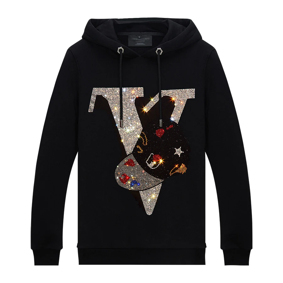 

Men Women Rhinestones Hoodies Sweatshirt with Fleece for Winter - Long Sleeve Hip Hop Style Tops Streetwear Cotton Blend Regular