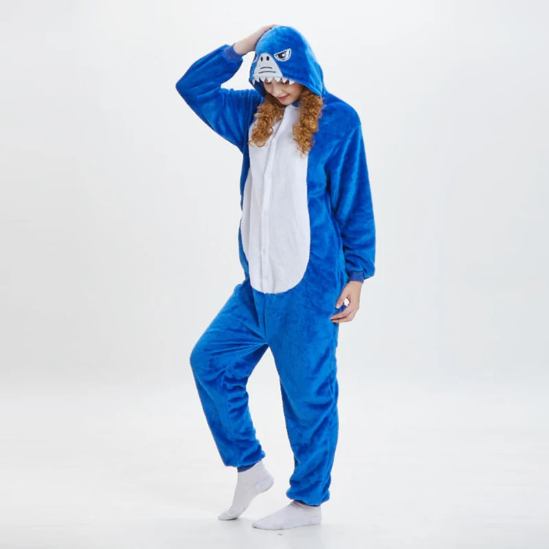 Adults And Kids Shark Pajamas Cosplay Costume Shark One Piece Animal Pyjama Homewear Winter Soft Flannel Sleepwear For Women Men