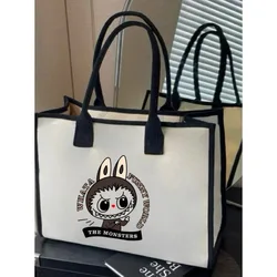 Labubu Cartoon Shoulder Bag Large Capacity Tote Canvas Bag Commuter All-in-one Art Bag Student Shoulder Bag Women's Casual Bag