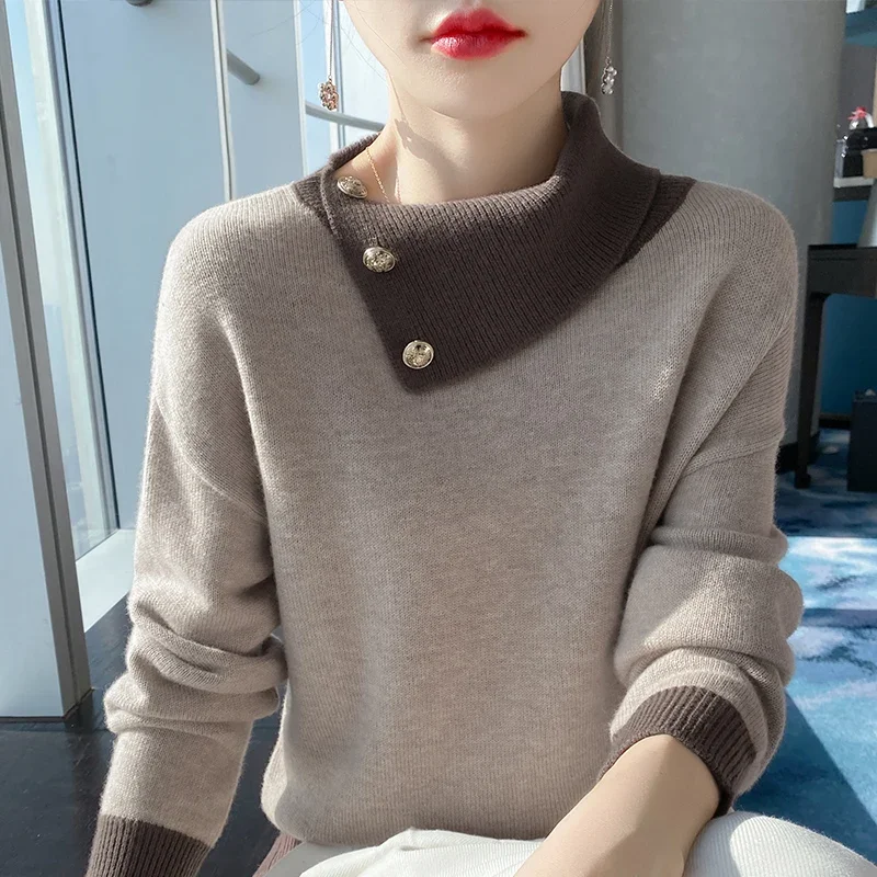 

Autumn Winter New 100% Wool Sweater Women Fashion Turndown Collar Loose Soft Knitted Jumper Female High Quanlity Pullover