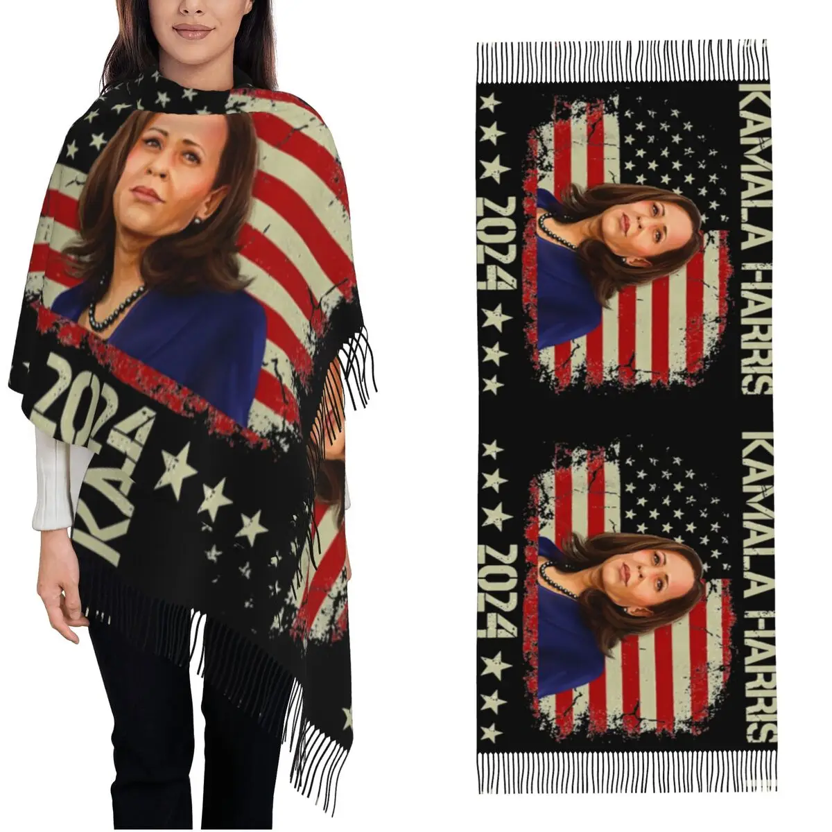 American Flag Kamala Harris 2024 For President Scarf for Womens Winter Fall Pashmina Shawl Wrap Large Scarves with Tassel