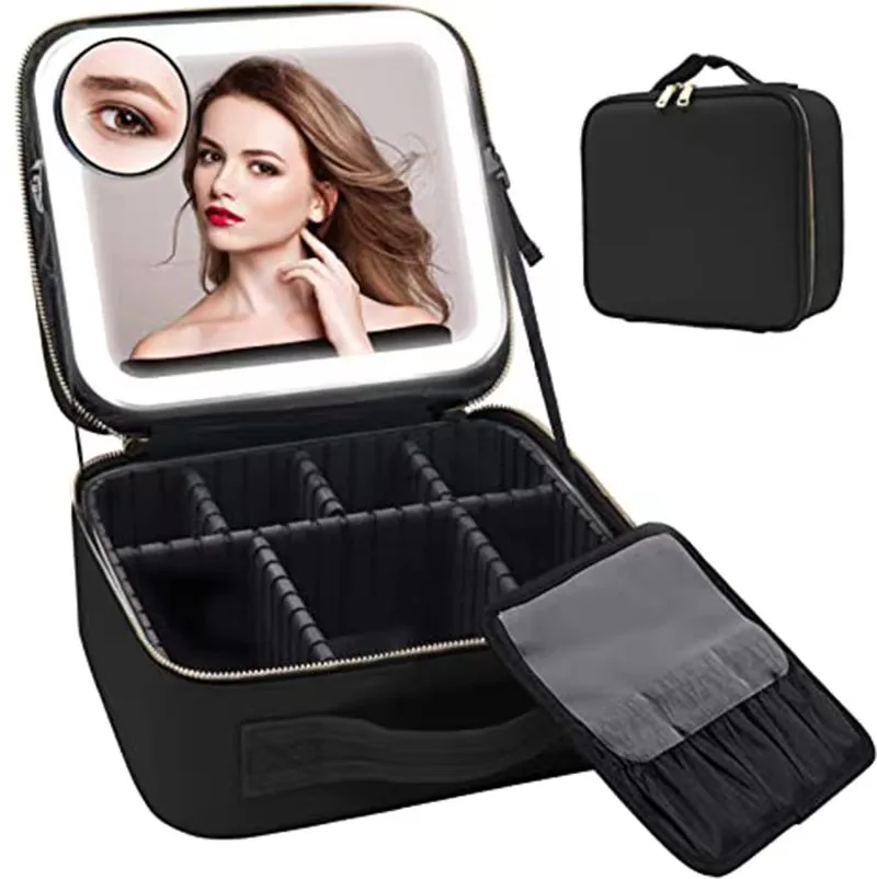 Smart LED Cosmetic Case with Mirror Travel Makeup Bags Large Capacity Fashion Simple PU Leather Casual for Weekend Vacation