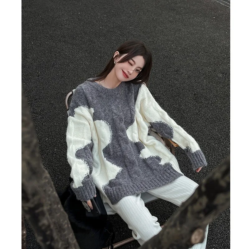 2022 New Arrival Autumn/winter Korean Style Women Loose Casual Long Sleeve O-neck Pullover Patchwork Print Knitted Sweater V893