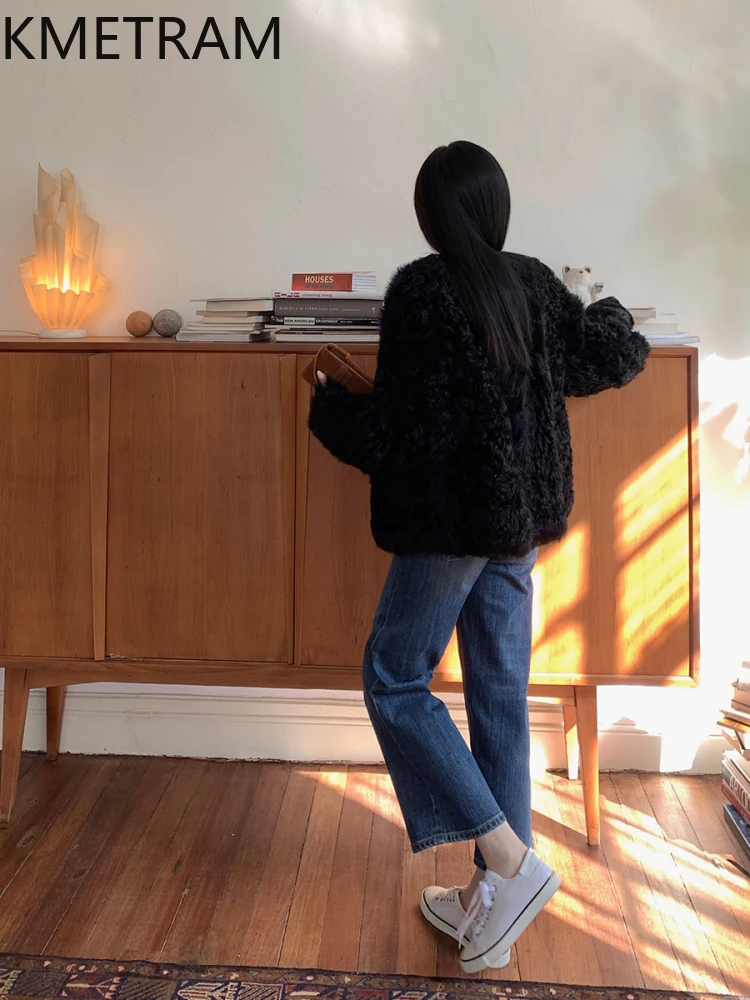 천연 투스카니 양털 양피 양면 퍼 재킷 여성 럭셔리 V넥 숏 리얼 퍼 코트 겨울 여성 의류 2025