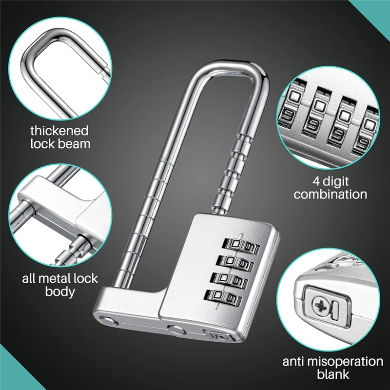 AA08-2 Pcs 4 Digit Combination Lock Code Cabinet Lock U Shaped Gym Locker Adjustable Padlock Long Shackle Lock For School