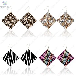SOMESOOR Leopard Fur Seamless Print Wooden Drop Earrings Black Zebra Cheetah Animal Skin Designs Women Square Dangle Jewelry