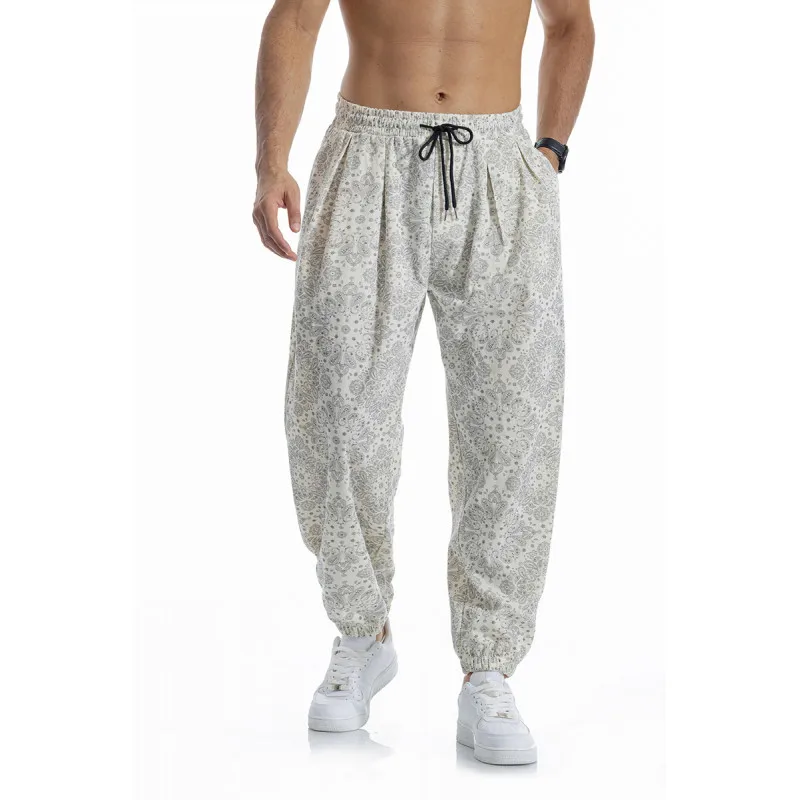 Fashionable Loose Fit Print Pattern Corduroy Pants Mens 2026 Autumn Warm Streetwear Vintage Tie-up Jogger Trousers For Male