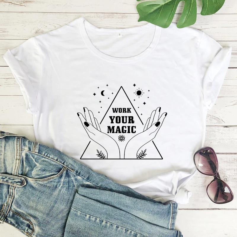 Mystical Nature Witchy Women T Shirt Fashion Casual Tee   Work Your Magic T-shirt Gothic Graphic  Print   Top