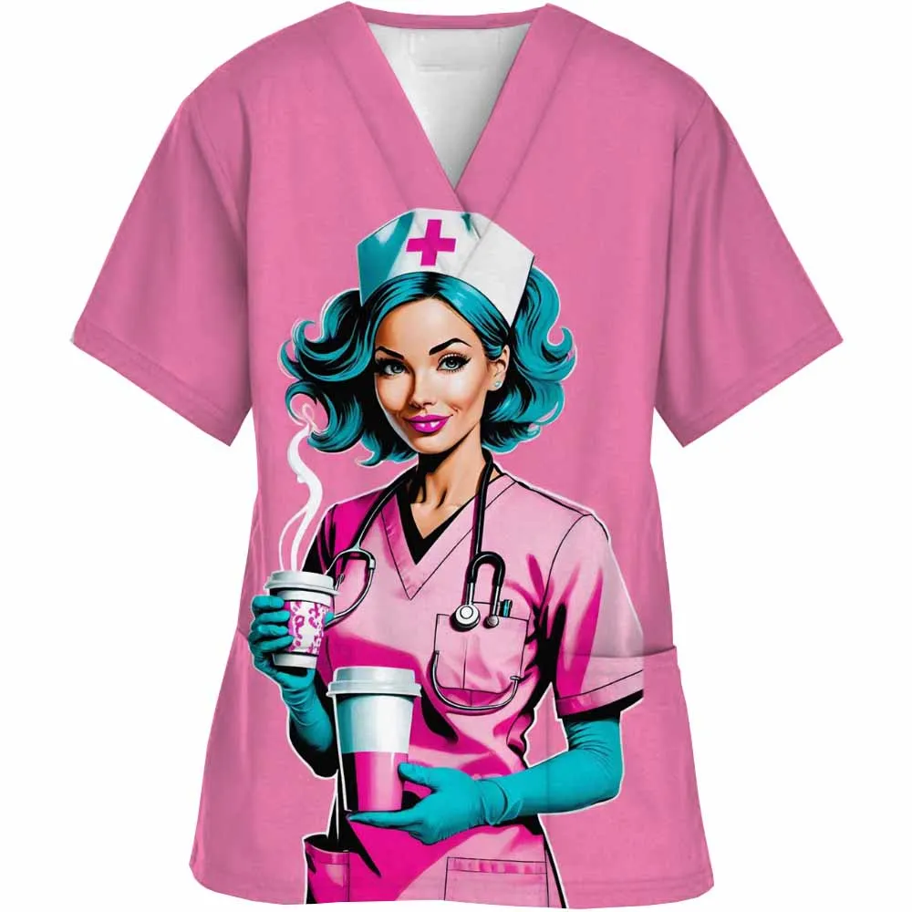 Ladies Care Nurse Uniform T-Shirt  Obstetric nurse pediatric nurse Uniform Pocket Caring Workwear Hospital Nursing Spa Blouse