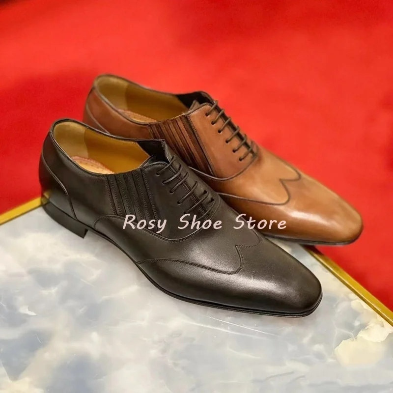 

Men's Black Leather Stitching Fashion Texture Oxford Leather Shoes Brown Small Square Toe Flat Lace Up Elite New Business Shoes