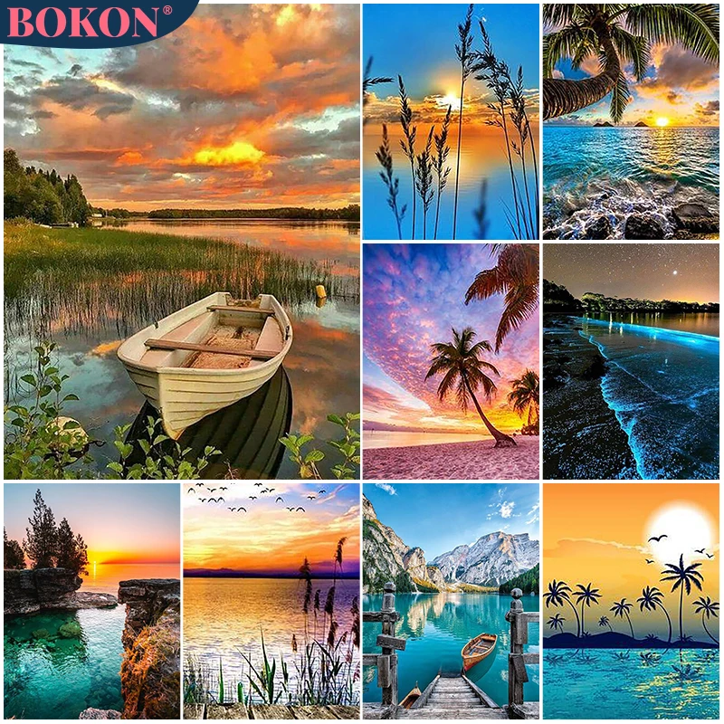 

5D Diamond Seaside Landscape Diamond Cross Embroidery Set Painted Sunset Landscape DIY Diamond Mosaic Wall Art Mural