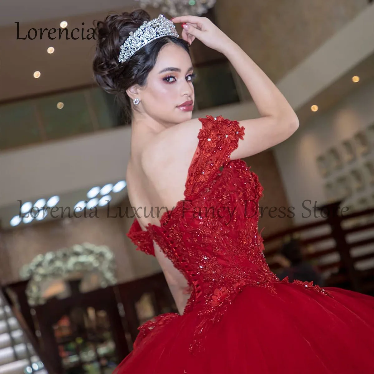 Vestido De quinceañera con hombros descubiertos, traje De baile De tul con espalda abierta, corsé dulce, 15 y 16, color rojo, 2024