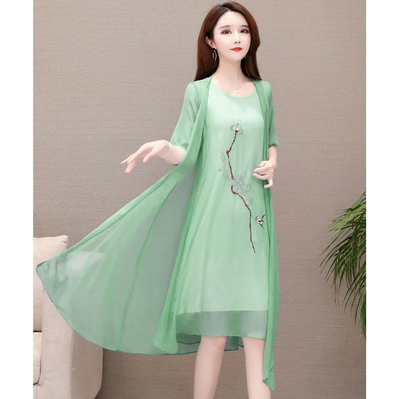 2PCS/Set Dress Sets Vintage Embroiderd Women Chiffon Dress With Cardigan Casual Women Elegant 2023 Summer Long Dress Suit 4XL