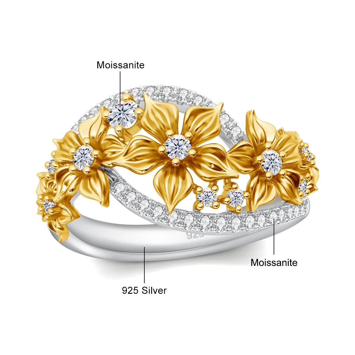 Einzigartiger, trendiger Blumen-Moissanit-Ring mit Zertifikat, luxuriöser Ehering für Damen, Verlobungsfeier, Schmuckzubehör im Angebot – Detail 1