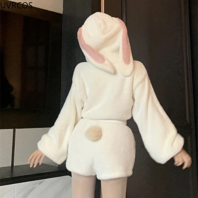 Fall Winter Kawaii Lolita Shorts Set Women Sweet Bunny Ear Hooded Hoodies Cute Plush Ball Shorts Suit Korean Casual 2 Piece Sets