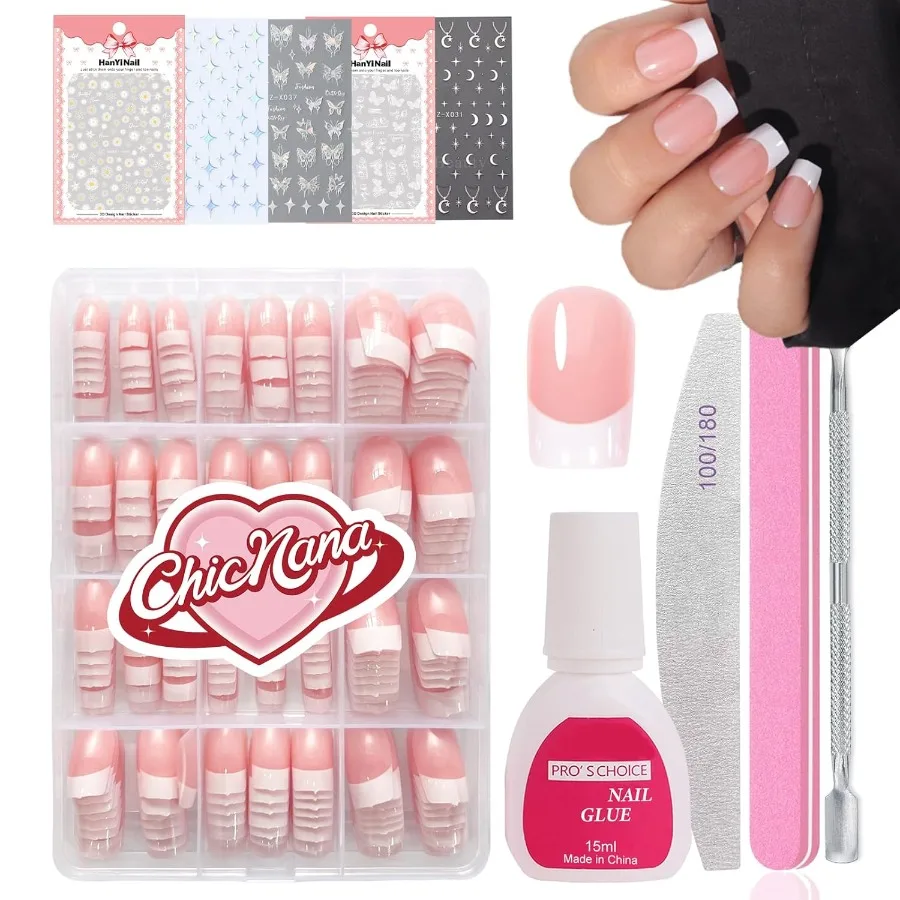 

French False Nails Kit with Glue 240Pcs Short Square Fake Nails in French White Tip Pink Color Glossy Full Cover Glue on Nails