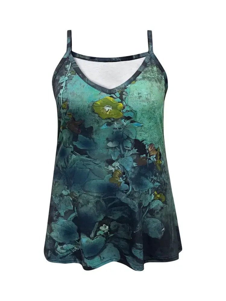 Plus Size Floral Print Cami Top V Neck Sleeveless Top For Summer Women\'s Plus Size Clothing