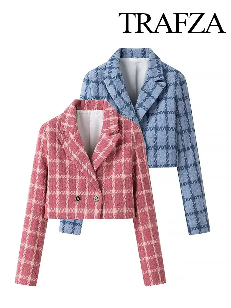 TRAFZA Autumn Female Elegant Turn-down Collar Long Sleeve Button Decoration Women Small Fragrant Style Plaid Blazer Coat 2-color