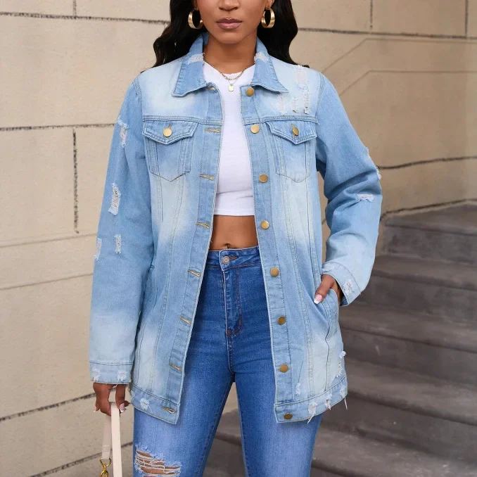 

Women Denim Coat Hole Jacket Autumn Streetwear Turn Down Collar Single Breasted Distressed Washed Female Vintage Outerwear