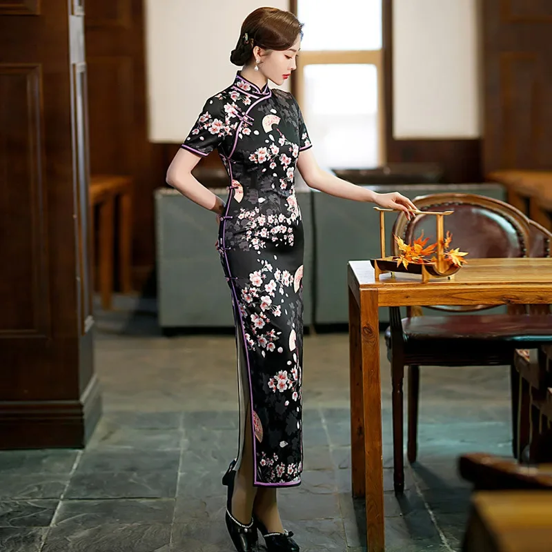 

Pius Size 4XL Women Chinese Tradition Style Black Cheongsam New Improved Female Mandarin Collar Satin Qipao Short Sleeve Dress