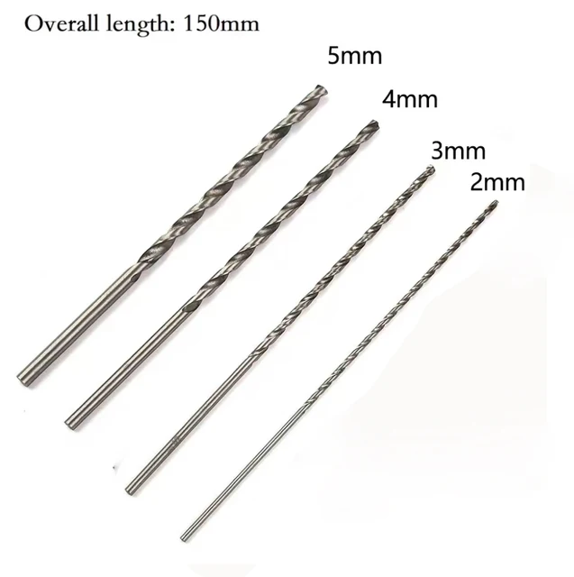 Zestaw 4 bardzo długich wierteł HSS ze stali szybkotnącej 150 mm, 2 mm/3 mm/3,5 mm/4 mm/5 mm do drewna, aluminium, plastiku
