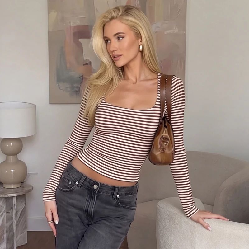 Hugcitar Gestreiftes Crop-Top mit Quadratischem Kragen und Langen Ärmeln, Sexy Damen-Mode-Outfit für Herbst, Streetwear, Party-T-Shirts, Großhandel – Detail 13