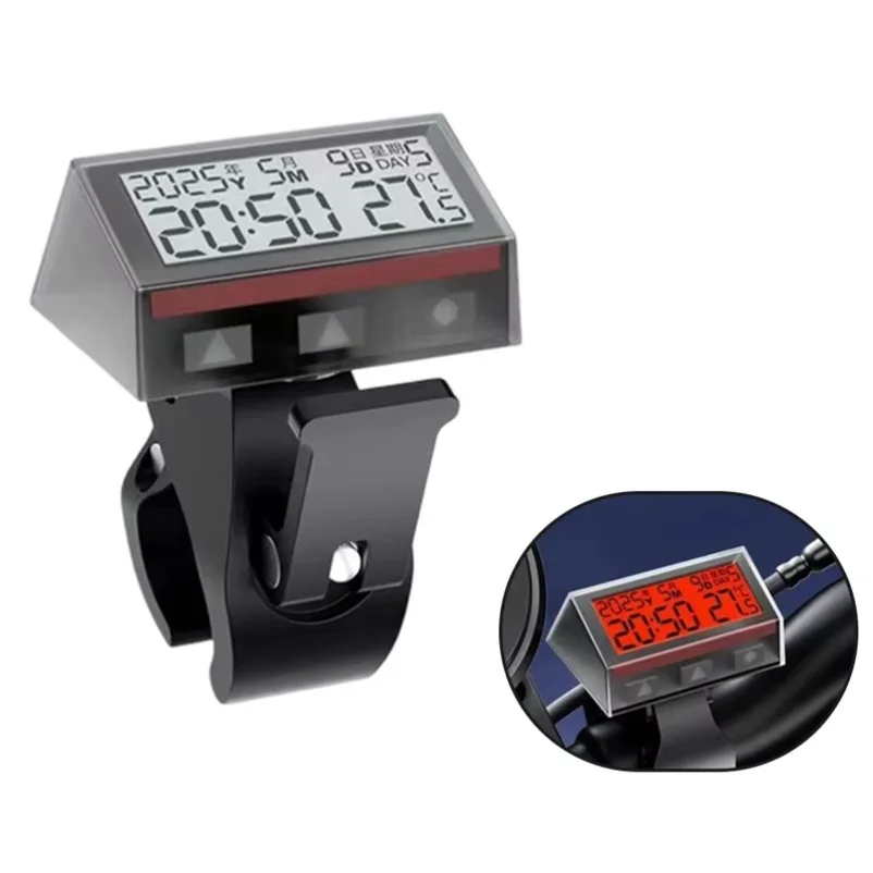 Motorcycle Ebike Solar Power Clock With Date Week Temperature LCD Backlit Display Waterproof Thermometer With Stand