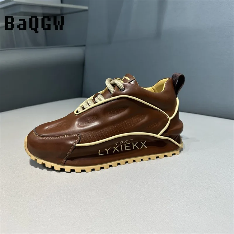 Color Block Luxury Chunky Sneakers Men Cover Bottom Board Shoes Fashion Casual Genuine Leather Increased Internal Platform Shoes