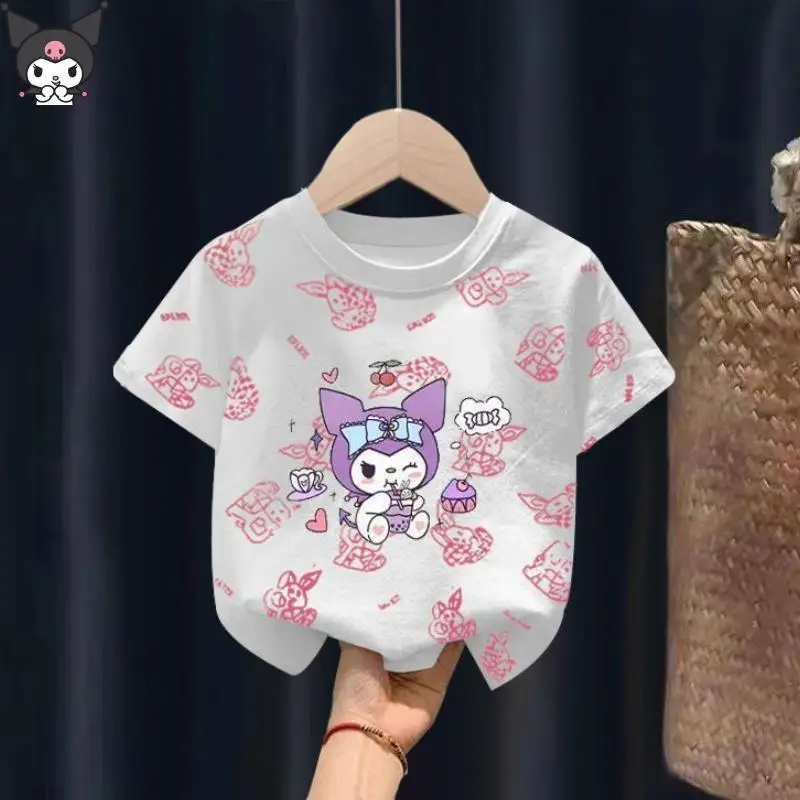 

Детская футболка Kuromi с короткими рукавами, кавайная аниме, летняя новинка с героями мультфильмов, универсальная, модная, приятная для кожи, мягкая и дышащая