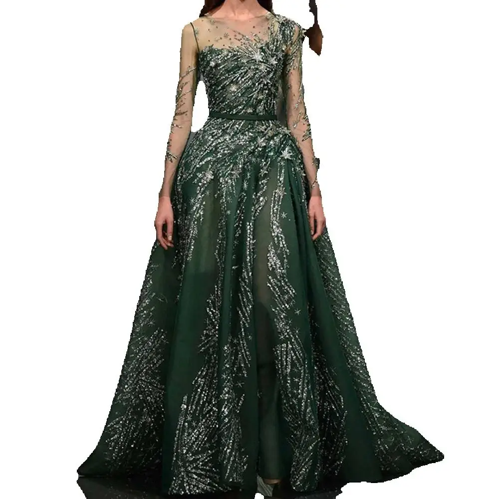 Gorgeous Green Women Prom Dresses Full Sleeves A-Line Floor Length O-Neck Designer Shiny Sequined Smart Evening Party Gowns