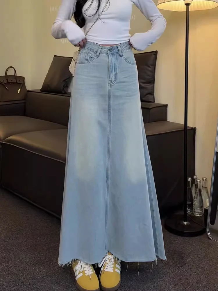 Luz azul cintura alta denim a linha saia feminina emagrecimento longo sle casual primavera outono nova chegada saias