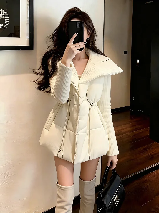 

Ultra-Thi Warm White Cotton Jaet ort Quilted Outerwear Winter Clothes Korean Sle Commute Loose Fit Zipper Closure