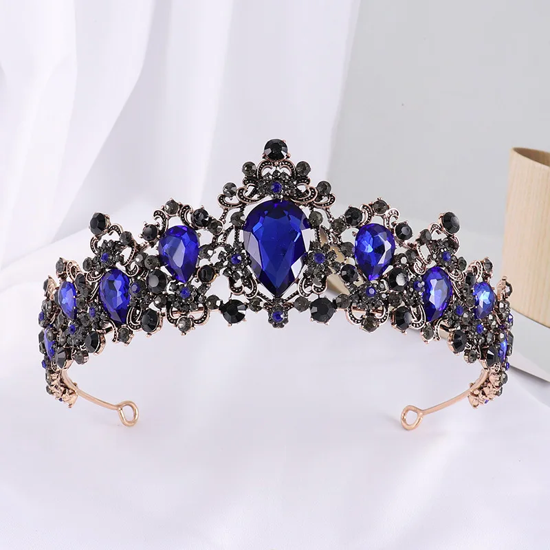 KMVEXO Baroque Black Green Teal Stone Crystal Crowns Tiara Bride Headband For Wedding Bridal Queen Diadem Party Hair Accessories