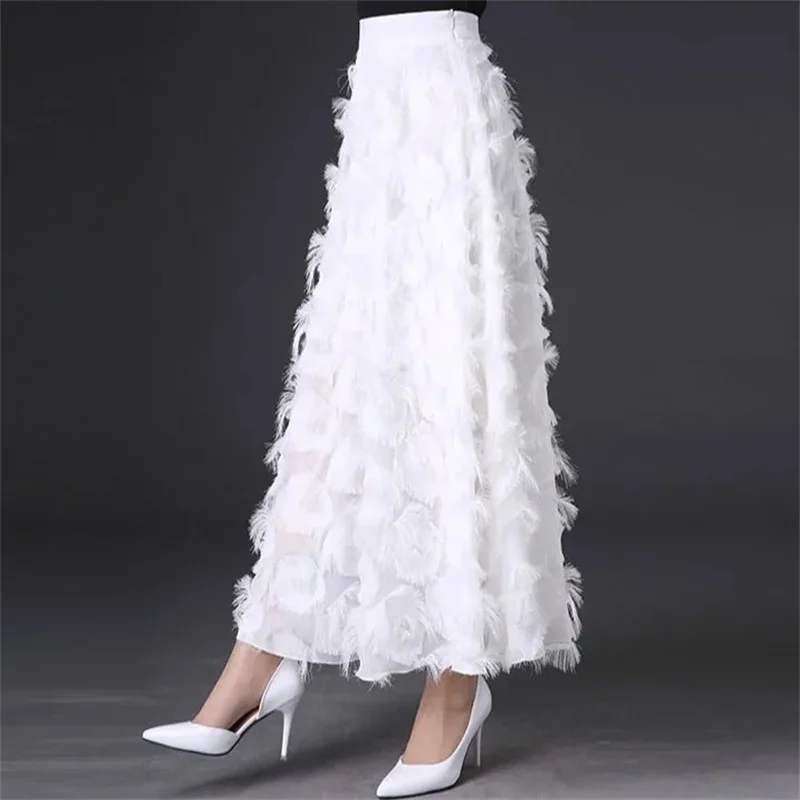 2025 Feminine Feather Tassel Long Skirts Summer Women New Solid Color Maxi Skirt French Ladies Fashion High Waist A-line Skirt