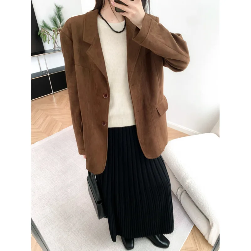 Autumn Suede Silhouette Suit Jacket Women Vintage Lapel Collar Loose Long Sleeve Casual Blazers Coat