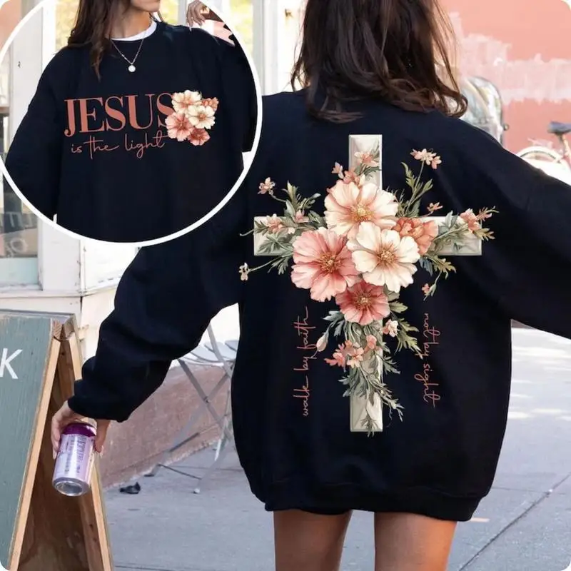 

Christian Sweatshirt Women Floral Cross Jesus Is The Light Religious Faith Graphic Pullover Bible Verse Cotton Top Gift
