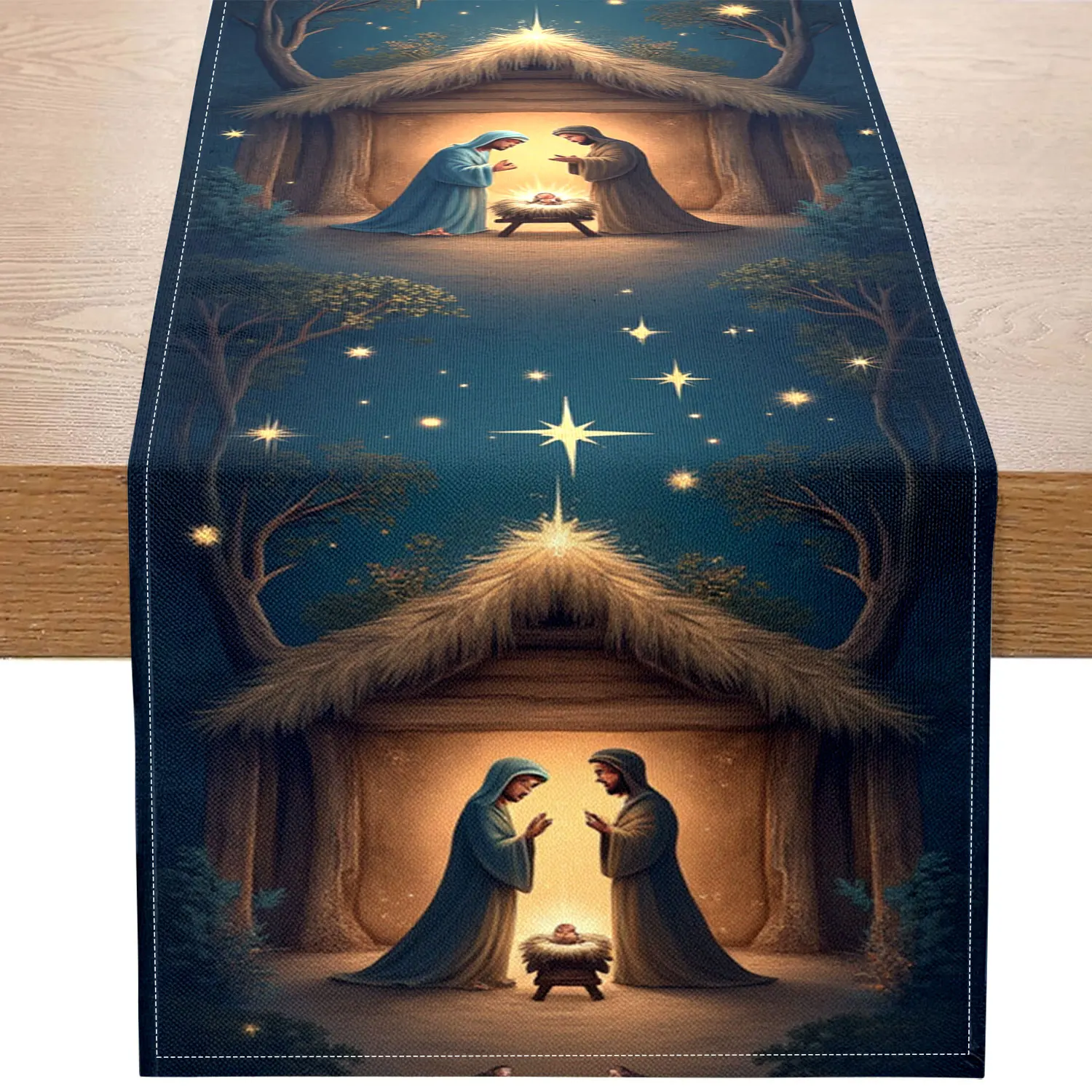 1 Piece Christmas-Themed Table Runner, Decorated with the Birth of the Baby Jesus under the Tree and Starry Patterns, Suitable for Christmas Religious Ceremonies and Holiday Decorations