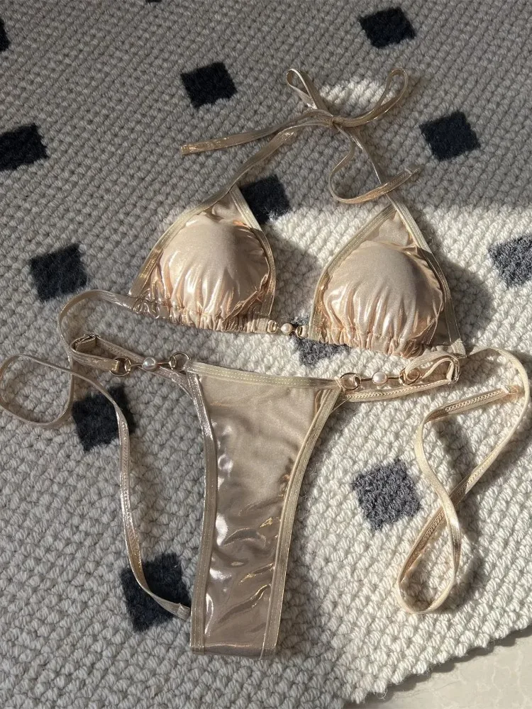 2025 novas mulheres sexy brilhante rosa micro push up tanga biquíni pu pérolas bandagem verão férias maiô traje de baño de mujer