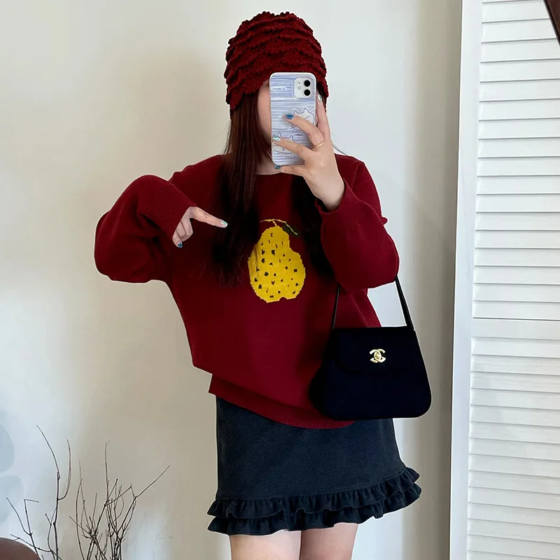 

plus Size Women's Knitted Sweater Casual Long Sleeve Fruits Pattern Loose Fit round Neck Winter Fashion Sweet Style Top