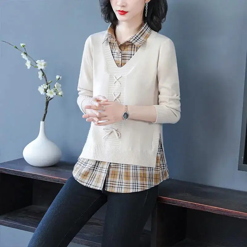 Stylish Button Spliced Lace Up Fake Two Pieces Lattice Blouse Women Clothing Autumn New Casual Pullovers Commute Shirt