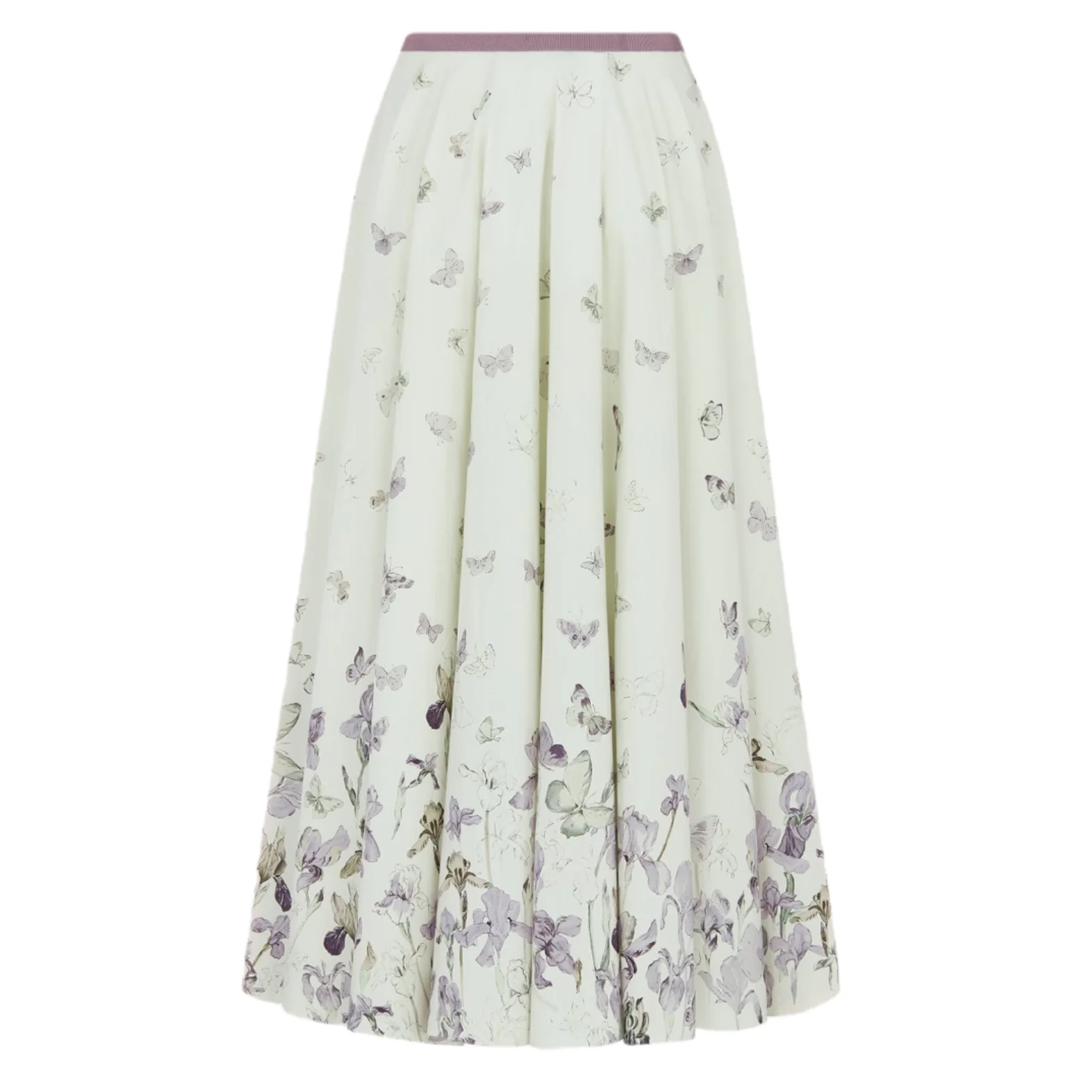 Women Summer High Quality Beige Cotton Midi Skirt Butterfly Floral Print Flared A-Line Elegant Holiday Skirt