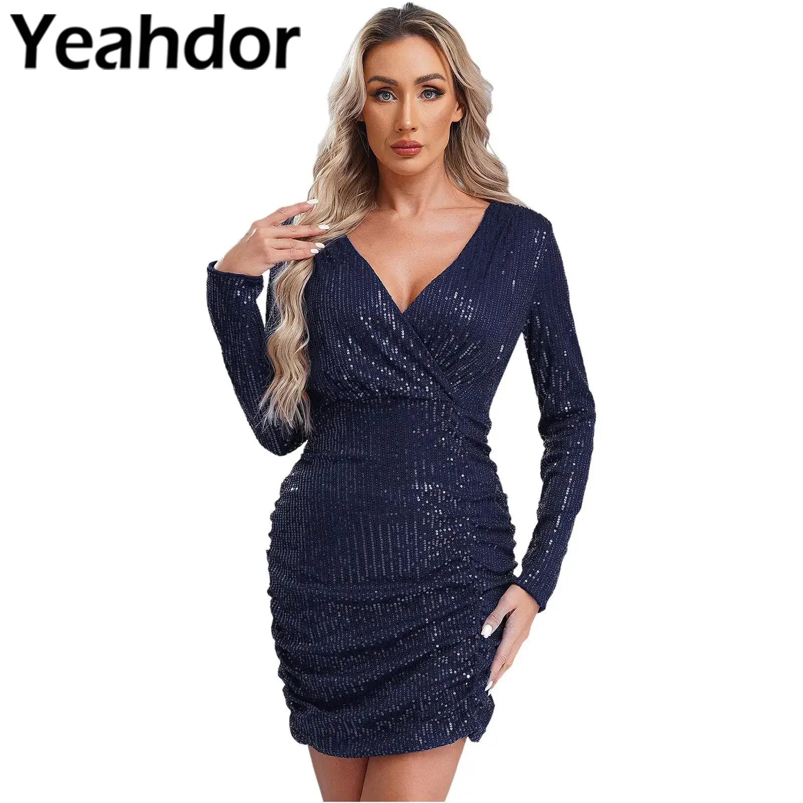 Womens avondjurk glitter pailletten mini-jurk sexy v-hals bodycon jurk elegante vrouw cocktails feestjurk vestido de fiesta