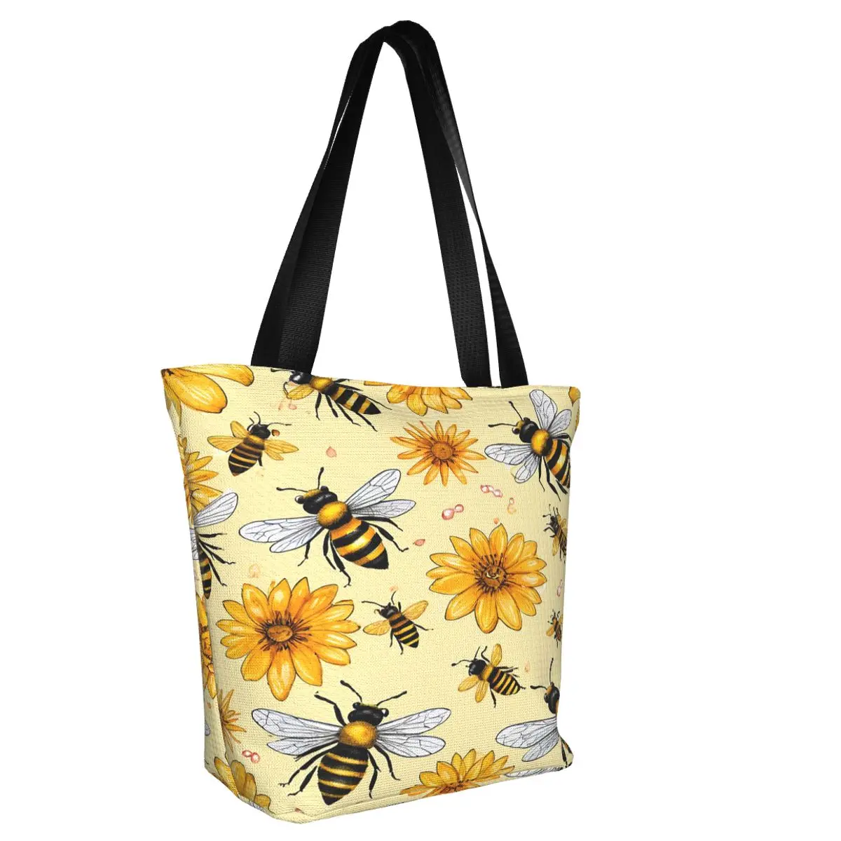 Custom Honey Bees And Sunflower Pattern Grocery Shopping Bag Cute Canvas Shopper Tote Shoulder Bag Big Capacity Portable Handbag