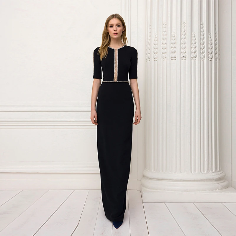 

L421 Black Crepe Half Sleeves top Beaded Sheath vestidos de fiesta فساتين سهره evening dresses
