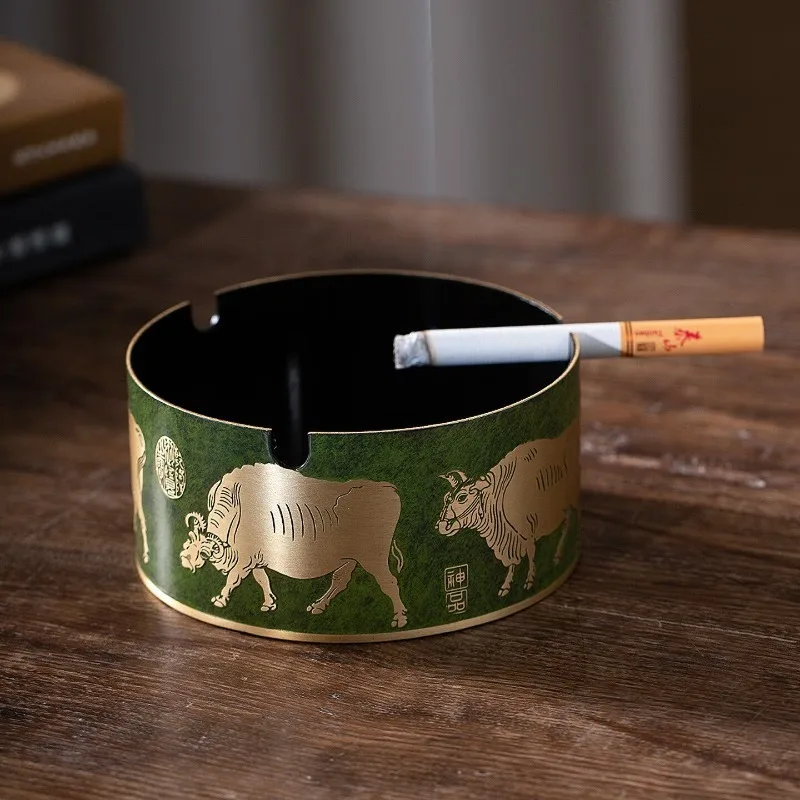 Zhu Bingren Copper Five‑Ox Fortune Ashtray Practical Home Office Desktop Decor Art Craft Housewarming Business Gift