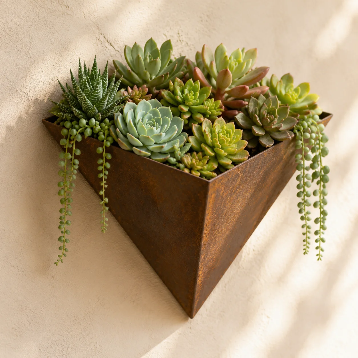 Rustic Triangle Metal Wall Planter, Hanging Succulent Pot for Patio Garden Balcony Wall Decor