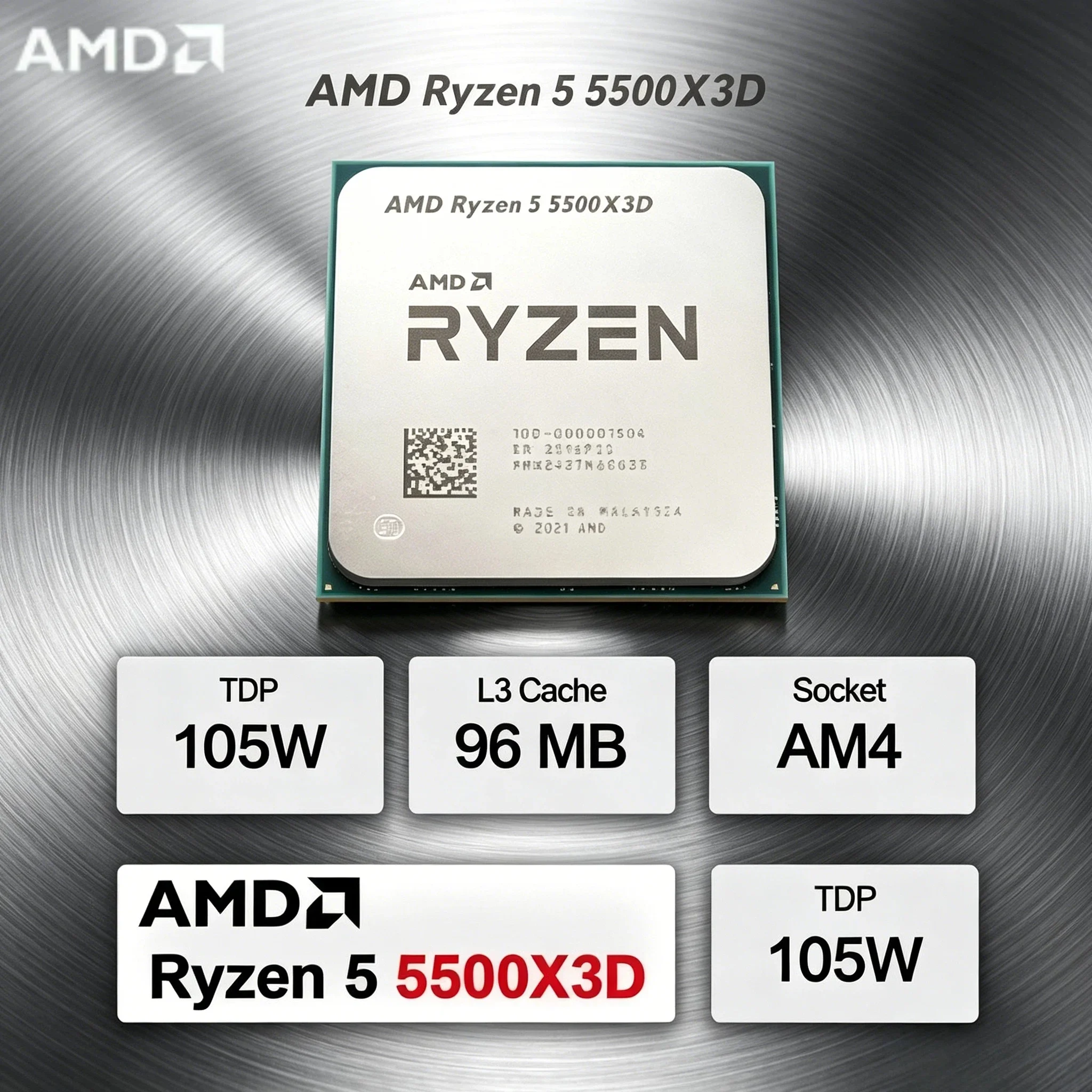 

AMD Ryzen 5 5500X3D 3.0GHz 6C 12T AM4 New Gaming CPU DDR4 L3 96M 105W 7NM R5 5500X3D Ultra Fast 4K Plus