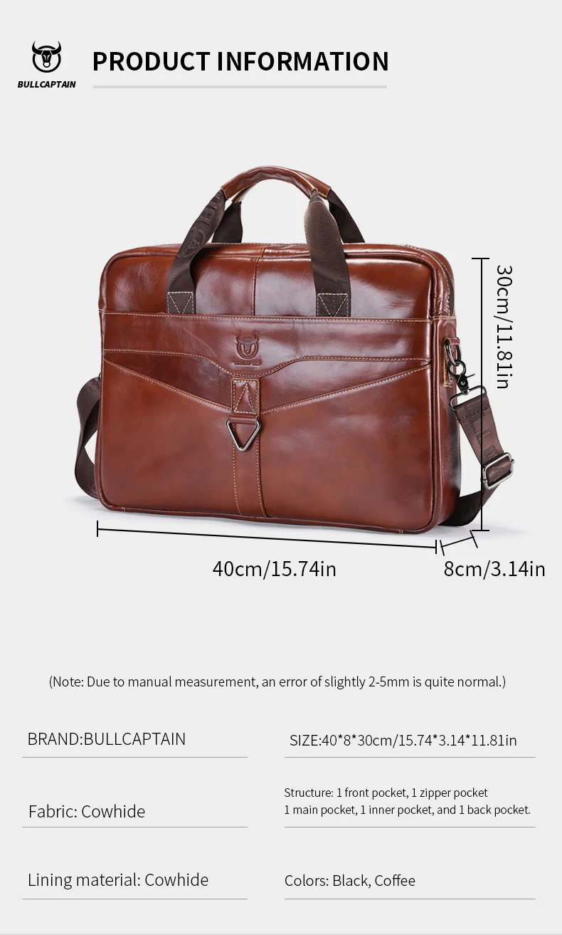 BULLCAPTAIN Men's Genuine Leather Briefcase Shoulder Bag 15 Inch Laptop Case Men's Briefcase Classic Office Business Handbag